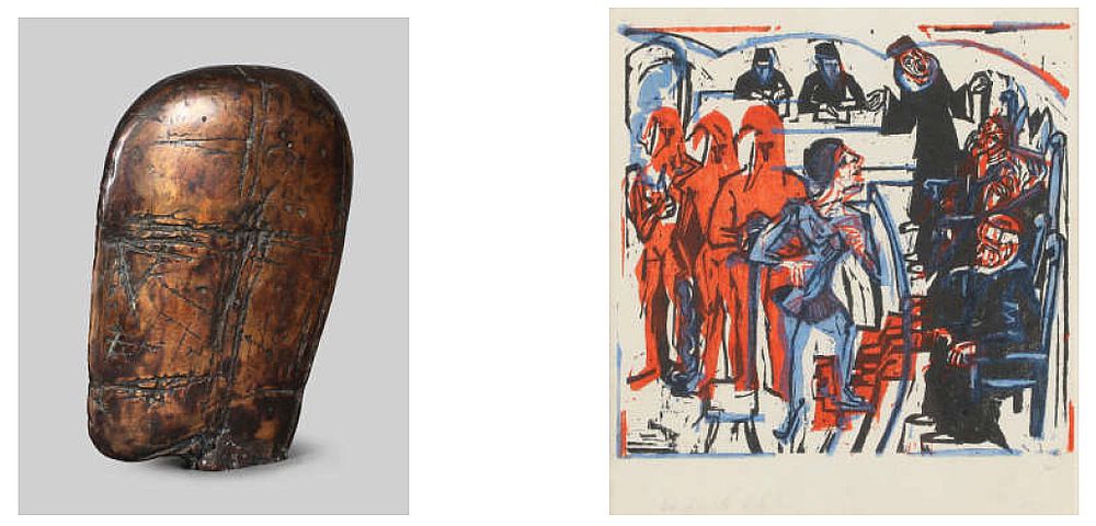 Michael Croissant, „Kopf“ Bronze (links), Ernst Ludwig Kirchner, „Gerichtsszene“ (rechts)